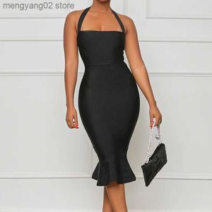Casual Dresses Summer New 2023 Women's Solid Color Simple Hanging Neck and Hip Wrapping Elegant and Oregelbular Dress T230524