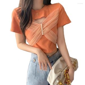 Kvinnors T-skjortor Summer Sexig Fashion Woman T-shirts Cross Gaze Patchwork Lace Up Bow Short Tshirts Solid Color Hollow Out Bust Pearls Tee