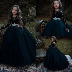 Schwarzes, langärmliges Blumenmädchenkleid, Vintage-Juwel, Spitze, appliziert, Ballkleid, Festzugskleid, Kristallperlen, für die Kommunion des kleinen Babys