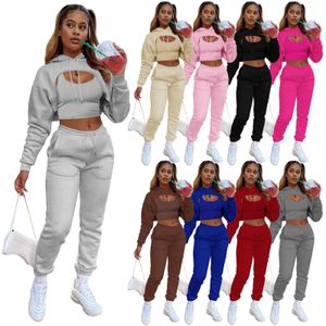 Damen-Zweiteiler-Sets, Vintage-Leder-Farbspleißung, kurze modische Oberbekleidung, Oberteil, lange Ärmel, zweiteilige Hose, reine Farbe, Sweatshirt, Sport-Hoodie, hohler Spleißanzug