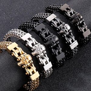 Bangle Stainless Steel Gothic Men's Bracelets With Skull Head Double Layer Franco Link Curb Chain Bracelet Men Jewelry With Gift Bag