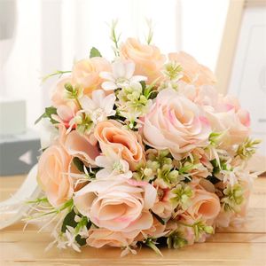 Dekoratif çiçekler yapay ipek bowknot gelin tutma simülasyonu gül gelin buketleri zarif beyaz demet düğün malzemeleri