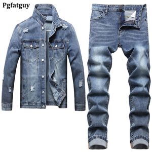 Yırtık ince fit erkek denim iki parçalı set delik uzun kollu ceket ve kot pantolon erkek gündelik vintage ropa hombre kargo takım elbise