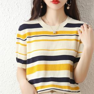 Women's T Shirts Cotton Summer Striped Short Sleeve Colorblock T-Shirt Ladies Loose O-Neck Vest Cottn Linen Half Thin Top