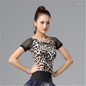 Stage Wear Ladies Leopard Print Latin Dance Shirt Mesh Mesh Short Sleeve Top