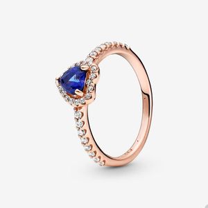 Anelli a cuore con diamanti in cristallo blu per Pandora Fede nuziale in oro rosa 18 carati Set di gioielli firmati per le donne Regalo fidanzata Anello in argento 925 con scatola originale