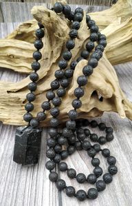 Colares ya3870 pingente de pedra turmalina negra natural de lava contas de nó de colar artesanal