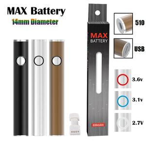 Authentische Max-Batterie, Kartuschenbatterien mit 14 mm Durchmesser, 650 mAh, vorheizen, variable Spannung, VV-Vape-Stift für 510 Karren mit USB-Passthrough