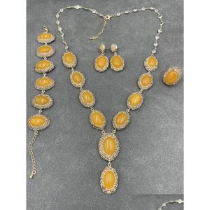Earrings Necklace Set Yellow Jade Oval Shape Rhinestone Pave Gold Plated Chain Jewelry Drop Delivery Sets Dhgarden Dhyqc