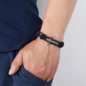 Charm Armbänder Vintage Persönlichkeit Lederarmband Für Männer Retro Kreuz Anker Edelstahl Geflecht Seil Kette Schmuck Zubehör Geschenke