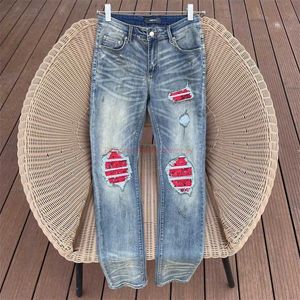 Roupas de grife Amires Jeans Calça jeans Fashion Man Amies Novo 23ss Hole Red Patchwork MX2 High Street Knife Cut Slim Skinny Jeans Homem Afligido Rasgado Skinny Moto