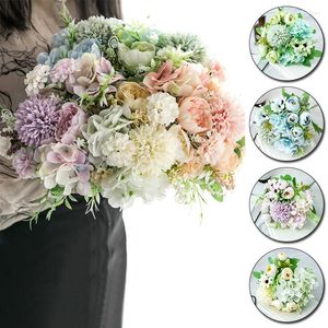 Decorative Flowers Artificial Hydrangea Silk Bouquet For Decoration Camellia Peony Rose Wedding Home DIY Decor Fake Flower White