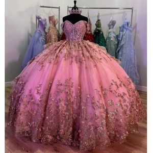 Shoudler Glitter Pink Off Quinceanera Kleid 2023 Spitze Applikationen Perlen Kristall Geburtstag Party Vestidos De 15 Anos Korsett Prom Kleider