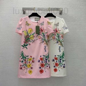 Urban Sexy Dresses designer Early Spring New Fashionable Flower Print Front Heavy Duty Diamond Studded Beads A-line Round Neck Short Sleeve Dress 46M7