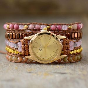 Bangle Creative 5 Strand Fancy Pink Jasper Stones Crystal Quartz Watch Wrap Beaded Wristwatch Bracelet Women Sister Bohemia Jewelry