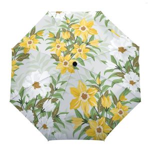 Umbrellas Tropical Plant Flower Leaves Print Women Men Rain Umbrella Three Folding Girl Durable Portable Automatic Gift Parasol