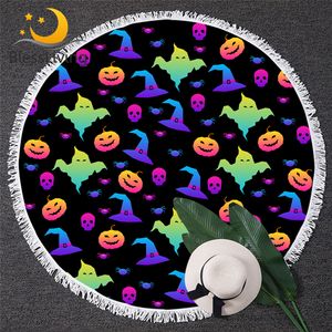 BlessLiving Happy Halloween Beach Towel Cartoon Microfiber Towel Broom Pumpkin Kids Toalla Hat Candy Bat Colorful Round Towel