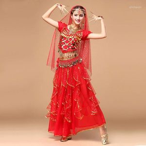 Gym Clothing Egyptian Belly Dance Costume Professional 4 Pcs Top&Skirt&Waist Chain&Head Top Clothes India Set 6 Color