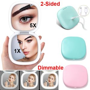 Specchio compatto Specchio per trucco a LED Specchio cosmetico ingranditore ricaricabile USB 2 lati 1X / 5X con luce 3 colori Luminosità Borsa tascabile portatile dimmerabile