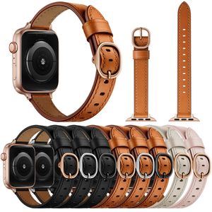 Slim Genuine Leather Strap With Metal Buckle For Apple Watch 44mm 49mm 42mm 40mm 38mm Band Wristbands Belt Iwatch 8 Ultra 7 6 5 4 3 Series Watchbands Accessories