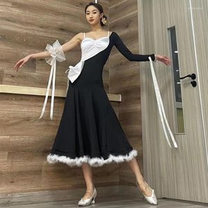 Scene Wear Ballroom Dance Competition Dresses for Women Black White Single Sleeved Practice Clothes Waltz Modern DN14724