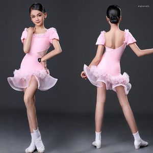 Scene Wear Children's Pink Lace Latin Dance Dress for Girls Ballroom Competition Clothes Kids Performance SL7197