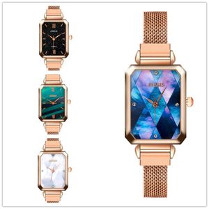 Armbandsur Ladies Watch Fashion Brand Square Quartz Green Dial Simple Rose Gold Mesh Luxury