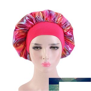 Beanie/Skull Caps New Women Big Size Laser Satin Print Silk Bonnet Sleep Night Cap Head Er Hat For Curly Springy Hair Black Dhgarden Dh5Sq