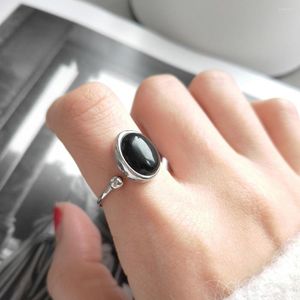 Klusterringar punk autentisk S925 sterling silver fina smycken polerad lycklig rund pärla svart agat sten öppen justera j404