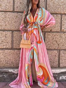 Cover-ups Bikini Cover-ups Boho Print Long Dress Self Belted Sexy Beach Tunic Summer Women Beach Wear Swim Suit Cover Up A932 230523