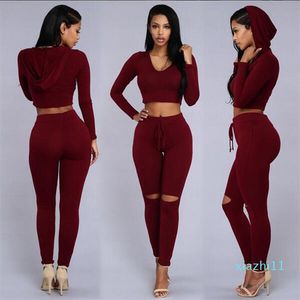 Frauen zweiteilige Outfits Hosen 2016 Hot Spring Langarm zerrissene figurbetonte Strampler