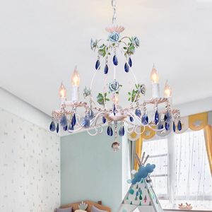 Ljuskronor Medelhavet Blue Crystal Chandelier Lighting för matsal Hem Restaurang Ceramic Rose Lamp Pastoral Children Bedroom Light