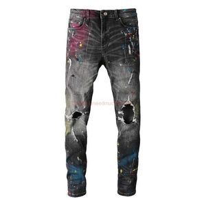 Roupas de grife Amires Jeans Calça jeans Amies High Street Jeans rasgados no joelho duplo Marca de moda masculina Ajuste fino Pé pequeno Stretch Made Old Splashink Paint calças D