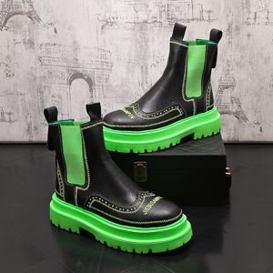 2023 Autumn New Embroidery Chelsea Boots for Men Black Green Boots Platform Shoes Fashion Ankle Boots Winter Slip on Men Shoes