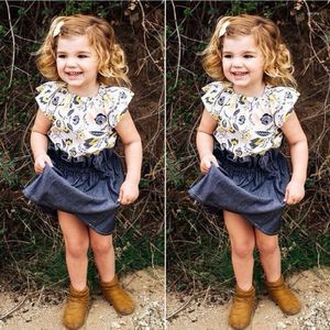 Clothing Sets 2PCS Fashion Clothes-Sets Outfit Floral Sleeve Baby-Girl Infant Cute Top-T-Shirt Denim Solid Skirt Summer 6M-4Year