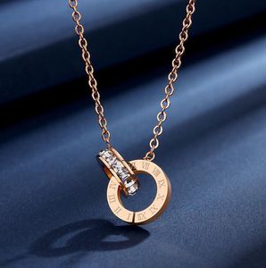 Luksusowa designerska biżuteria dla kobiet w kolorze różowego złota podwójne pierścienie naszyjnik tytanowa stal kryształowe diamentowe kolczyki sztyfty naszyjnik z cyframi rzymskimi