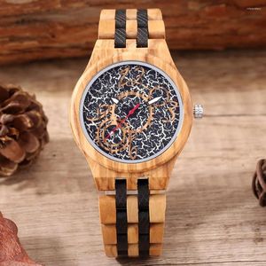 Wristwatches Olive Wood Men's Watch Gear Numbers Dial Quartz Watches For Men Simple Full Wooden Folding Buckle Wristwatch Clock Male