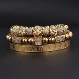 Armbänder Neue Luxus Männer Schmuck Armband CZ Micro Pave Crown Lion Ball Charme Edelstahl Perlen Benutzerdefinierte Elastische Armband Set Männer Frauen