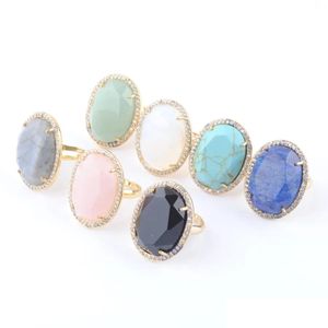 With Side Stones Women Male Adjustable Rings Natural Stone Faceted Turquoises Opening Gold Color Plated Crystal Cz Zircon Rhinestone Dhtf5