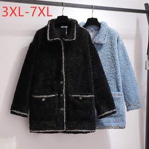 Outerwear Women's Plus Size & Coats Ladies Autumn Winter Women Clothing Jacket Large Long Sleeve Loose Blue Lamb Wool Pocket Coat 3XL 4XL 5X