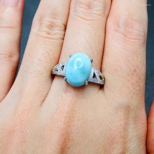Cluster Rings Oval 8mm 10mm Natural Larimar Silver Ring Engagement Adjustable For Woman Gift