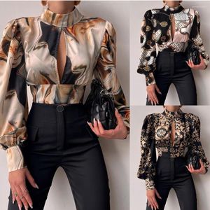 Kvinnors T -skjortor 2023 Spring Fashion Casual Stand Collar Long Sleeve Lantern Open Back Hollowed Out Shirt Women Office Ladies Bluses