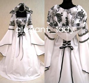 Abiti da sposa medievali bianchi neri Goth Costume a maniche lunghe con lacci Vampiro Wicca Abito da sposa fantasia con cappello