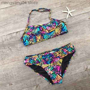 Mutada de banho feminina 7-14 anos Butterfly Prind Child Bikini Conjunto 2023 Meninas de banho de roupas de banho para crianças Verão Brasileiro adolescente bebê nadador BIQUINI T230524