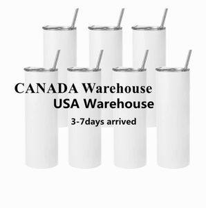 US CA warehouse 20oz White Sublimation Straight Tumbler Blanks Double 304 Mug with Straw Stainless Steel Vacuum Cup Water Bottle Heat Press Machine Printing GJ0524