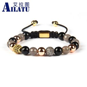 Bracciale Ailatu all'ingrosso 10 pz / lotto Micro pavimenta cubico Cz Bracciale Macrame con 8 mm Mix naturale perline di pietra sfaccettata Gioielli per uomo