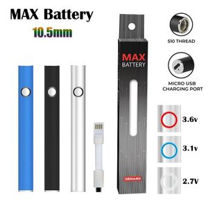 Authentic Max Battery 10.5mm Diameter Cartridge Batteries USB Passthrough 350mAh Preheat Voltage VV Vape Pen for 510 Carts