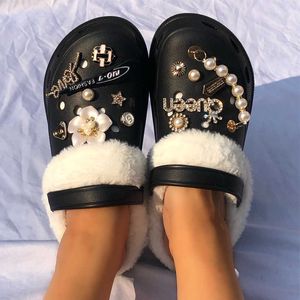 Sandals Add Velvet Thick soled High heeled Shoes in Winter Womens Fashion Pearl Rhinestone Flower Cotton Slippers Beach 230417