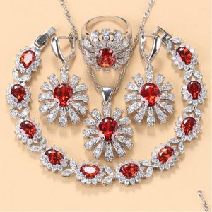 Orecchini Collana Set Girasole Grande rosso granato Accessori da sposa Anello Bracciale rigido per donna Drop Delivery Jewe Dhgarden Dh728