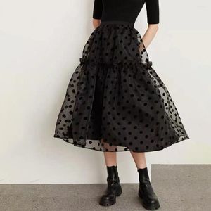 Skirts Polka Dot Tulle Womens Summer White Midi Skirt Fshion Ladies Women Elastic High Waist Pleated Flocking Organza